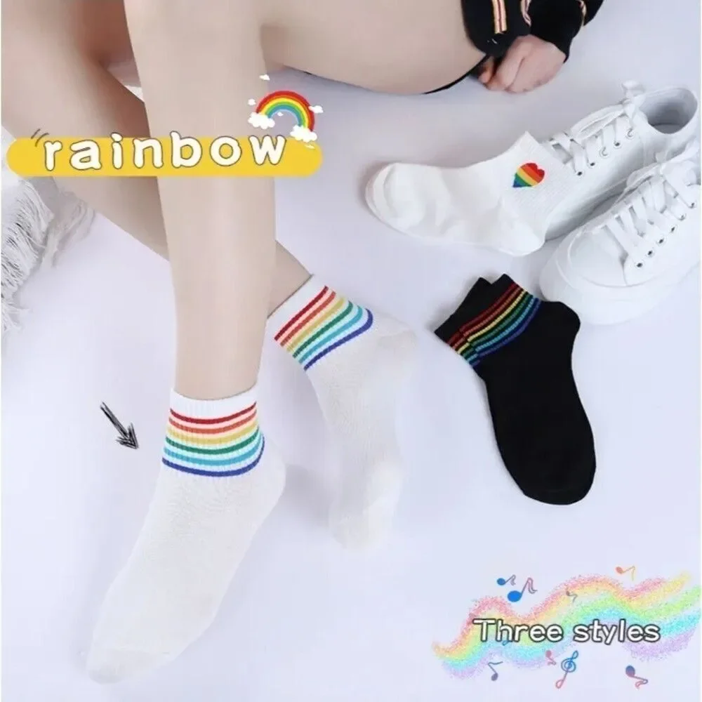 3PAIRS Women's Rainbow Stripe Crew Socks